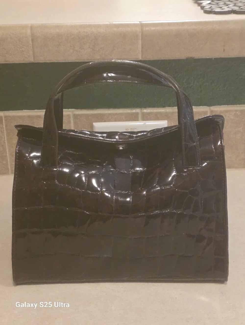 Vintage City DKNY Deep Purple Crocodile Embossed Top Handle Bag Tote EUC